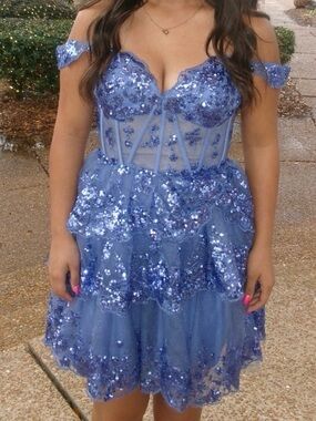 Blue Sequin Off-Shoulder Party Dress